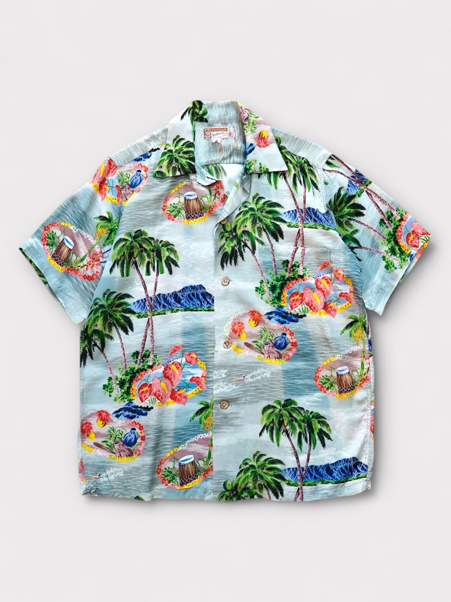50's POLYNESIAN Rayon ちりめん Hawaiian shirt made in Hawaii【M】No.6 ポリネシアン レーヨンちりめん アロハシャツ